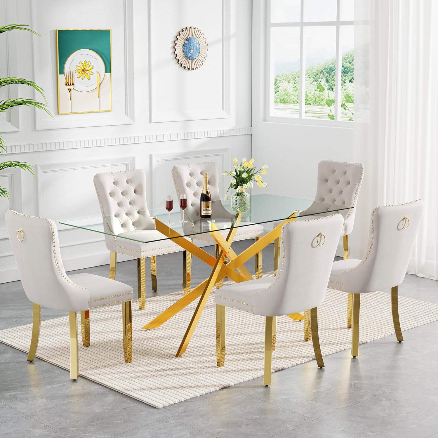 61' Modern Dining Table Set for 6, Rectangular Tempered Glass Dining Table and 6 Beige Velvet Dining Chairs, Luxury 7 Piece Kitchen Dining Room Tables Set with Gold Chrome Metal X-Base