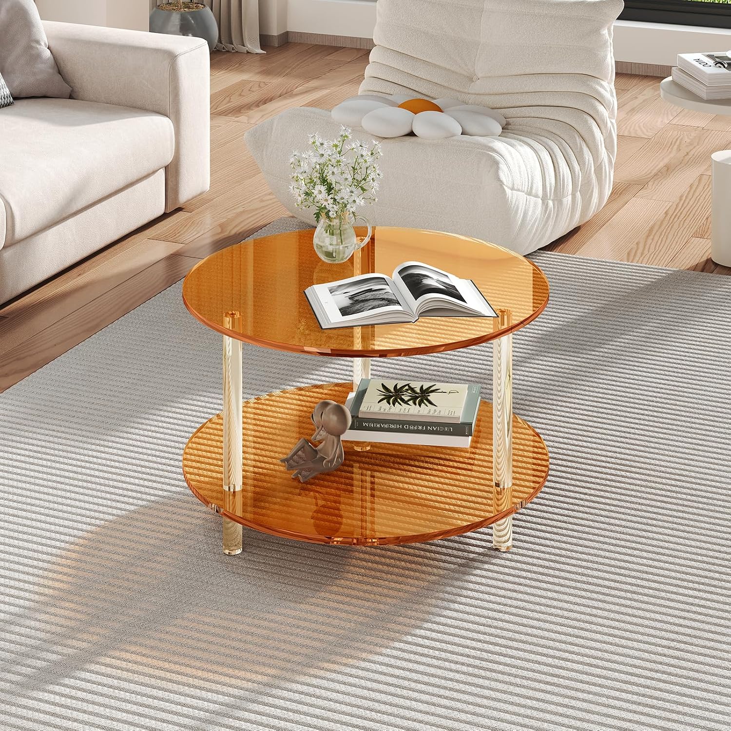 Acrylic Round Coffee Table, 23.6' Wide Modern Tea Table with Storage Shelf, 2-Tier Circle Center Table for Living Room, Office Reception and Apartment (Orange)