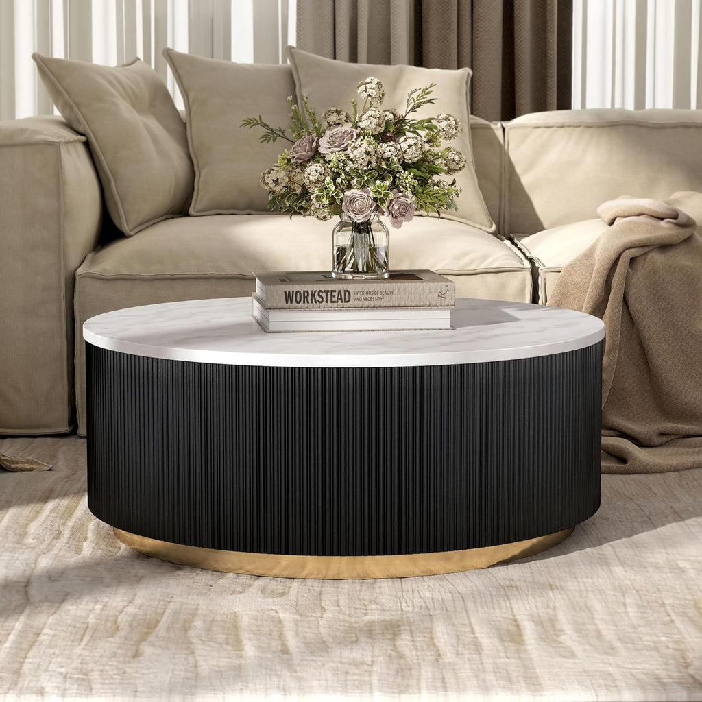 Furniture of America Beryl Modern Round White Genuine Marble Top Coffee Table with Fluted Pedestal Base and Gold Stainless Steel Accent, Low Profile Table for Living Room, Home Office, Black