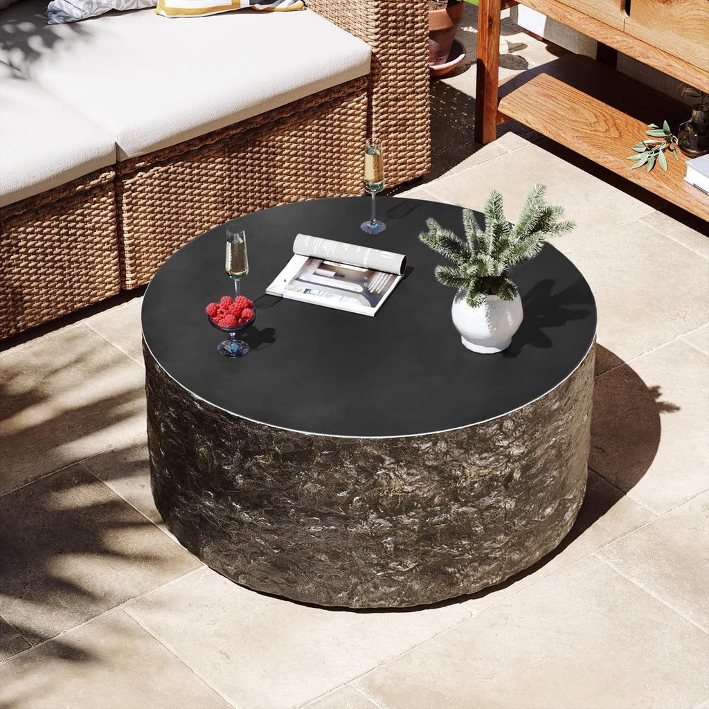 Patio Watcher 28' Modern Round Coffee Table, Light Concrete Textured Center Table for Living Room, Stone Accent Coffee Tea Table for Apartment, 28'×28'×13', No Assembly, Bronze