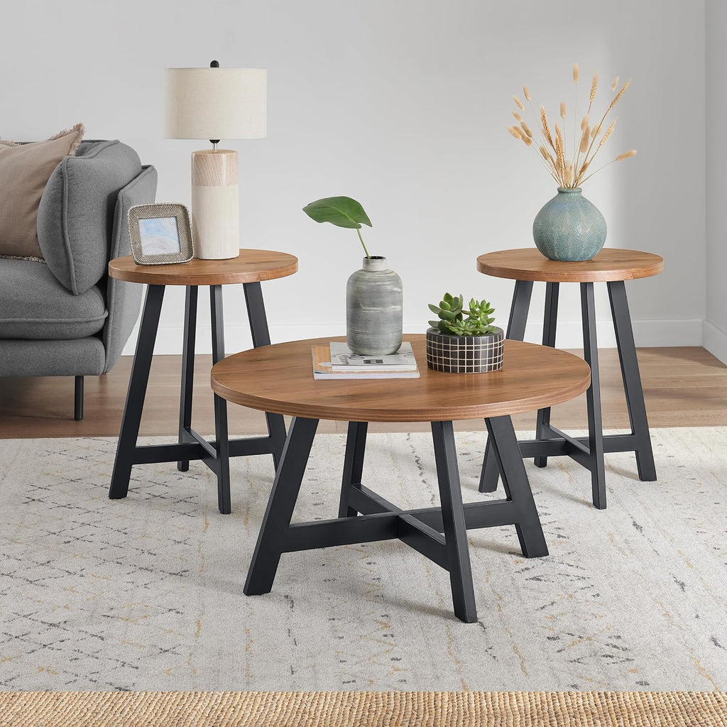 Lavish Home 3-Piece Coffee Table Set - Industrial Modern Round Coffee Table and 2 Side Tables - for Living Room, Apartment, or Dorm Room (Walnut)