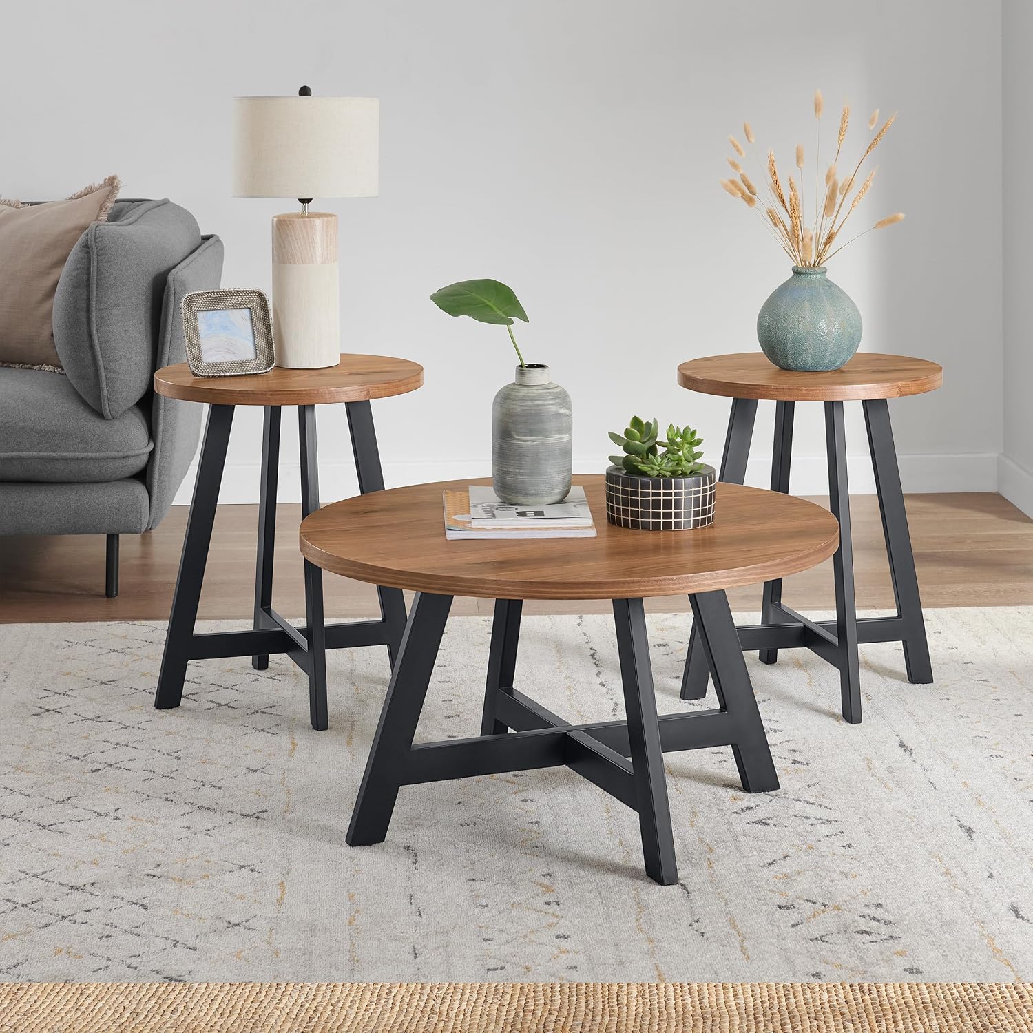 Lavish Home 3-Piece Coffee Table Set - Industrial Modern Round Coffee Table and 2 Side Tables - for Living Room, Apartment, or Dorm Room (Walnut)