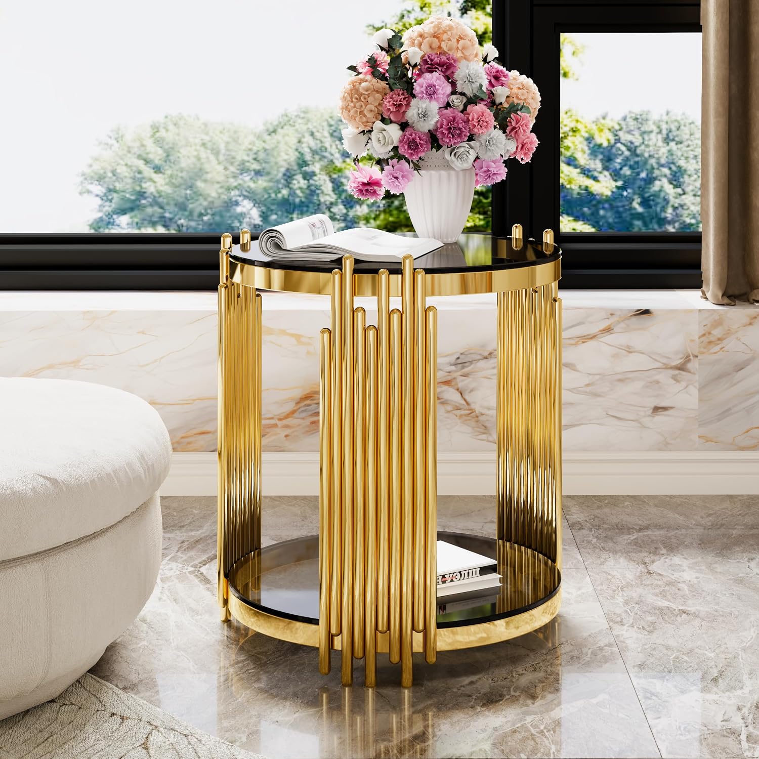 19.8'' Tempered Glass Side Tabel Round End for Living Room, 2-Tier Modern Accent Circle Design, Black Mirror Tabletop & Metal Drum Base, Easy Assembly, Black & Gold