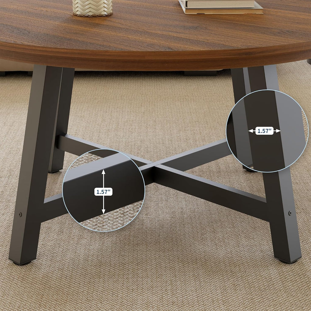 36' Round Coffee Table for Living Room, Large Circle Center Table with Wood Grain Top, Thick Metal Legs & Adjustable Feet, Modern Round Coffee Tables for Apartments Homes Easy Assembly, Brown