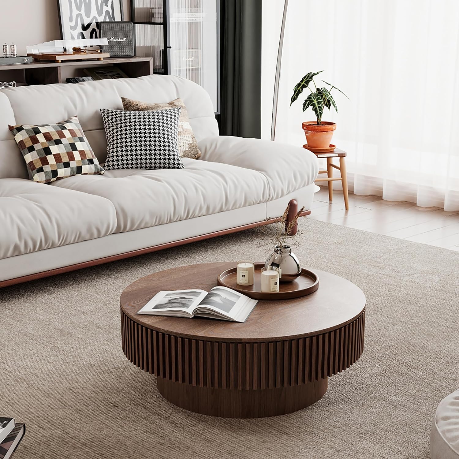 Round Coffee Table with Storage Wood Circle Coffee Table for Living Room Contemporary Fluted Table Center Table for Apartment, Easy Assembly ø39.4,Walnut