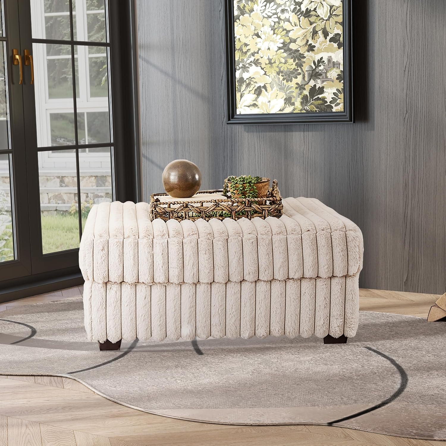 Roundhill Furniture Belvoir 3-Piece Living Room Set, Sofa Cuddle Chaise and Ottoman, Beige Champagne