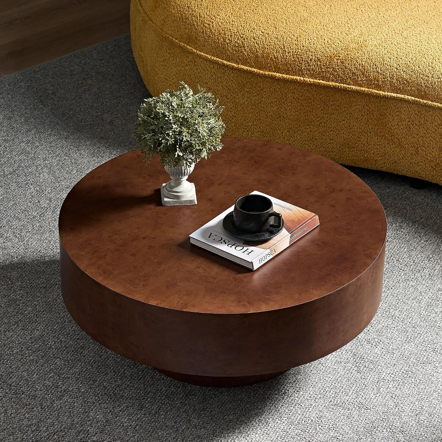 WILLIAMSPACE 31.49' Round Coffee Table with Faux Burl Wood Veneer & Pedestal, Modern Wood Circle Drum Center Table for Living Room, Circular Accent Side End Table for Apartment, 13.77' H (Walnut)
