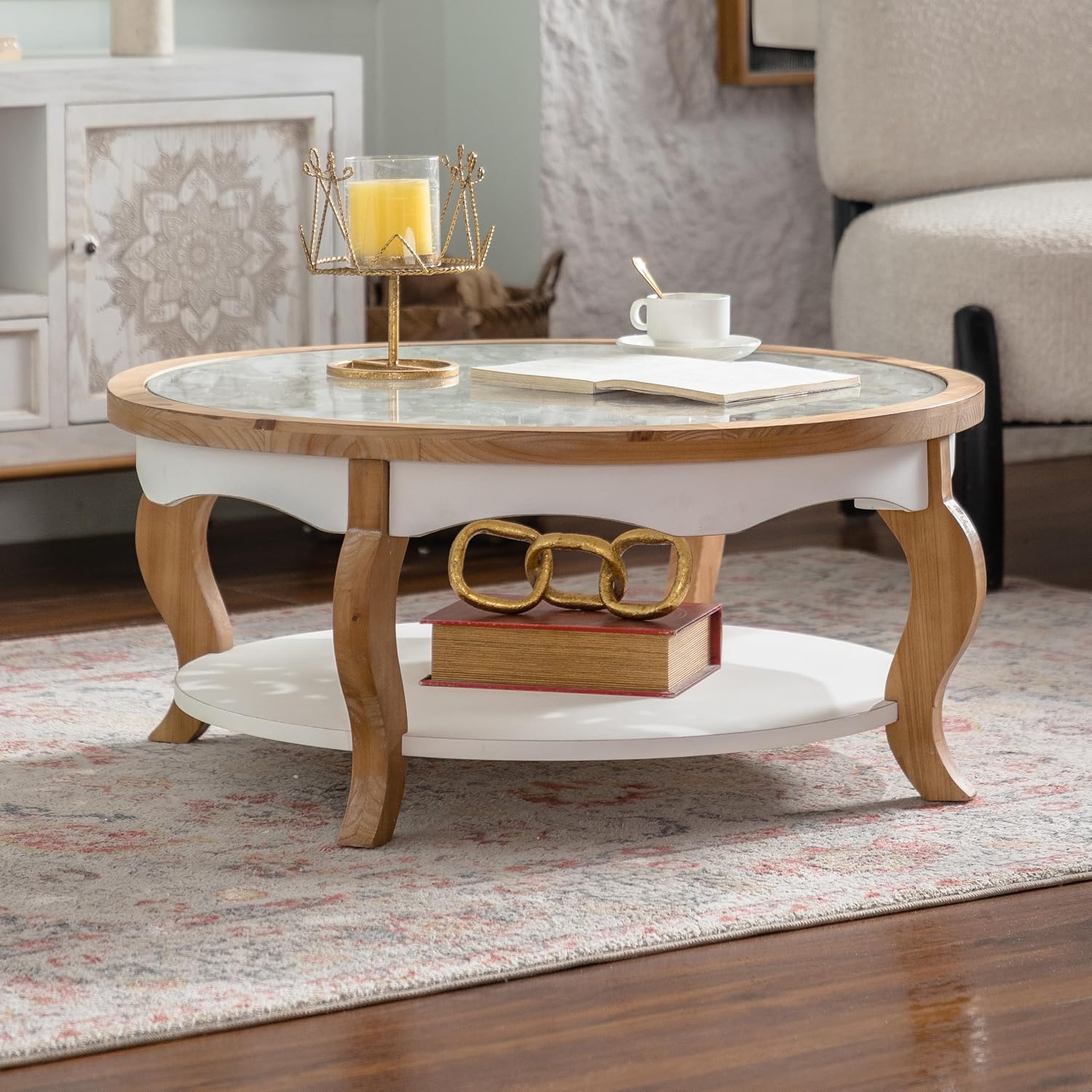 31.5'' Round Coffee Table for Living Room, Modern Countryside Farmhouse Rustic Wood Coffee Table, Curved Legs & Removable Tempered Glass Top, Natural & Wood