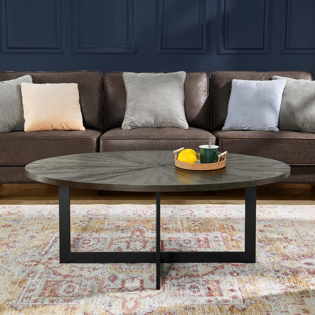 Solid Wood Oval Coffee Table with Cross Metal Legs, 47.9' Industrail Bar Cocktail Table for Living Room Kitchen Office Sofa Table Bristro Table for Cafe/Bar Black 1831BK