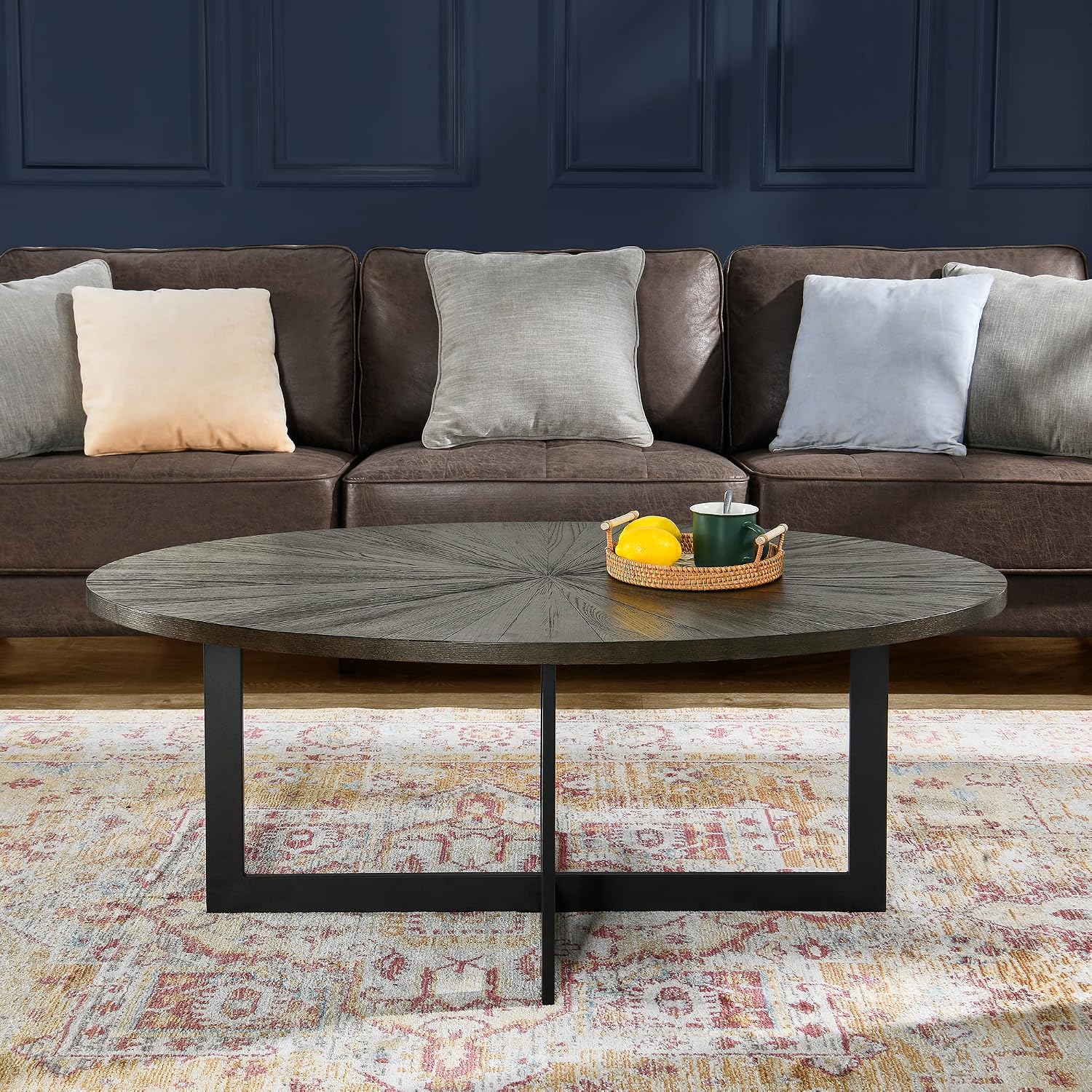 Solid Wood Oval Coffee Table with Cross Metal Legs, 47.9' Industrail Bar Cocktail Table for Living Room Kitchen Office Sofa Table Bristro Table for Cafe/Bar Black 1831BK