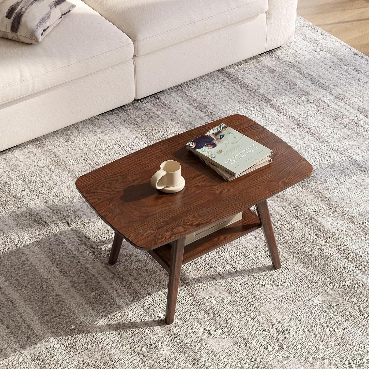 100% Solid Wood Coffee Table for Living Room, 31.5' Small Tables with Shelf Storage, Mid Century Modern Storage Coffee Table with Rounded Corners (Oak Wood Walnut Color)
