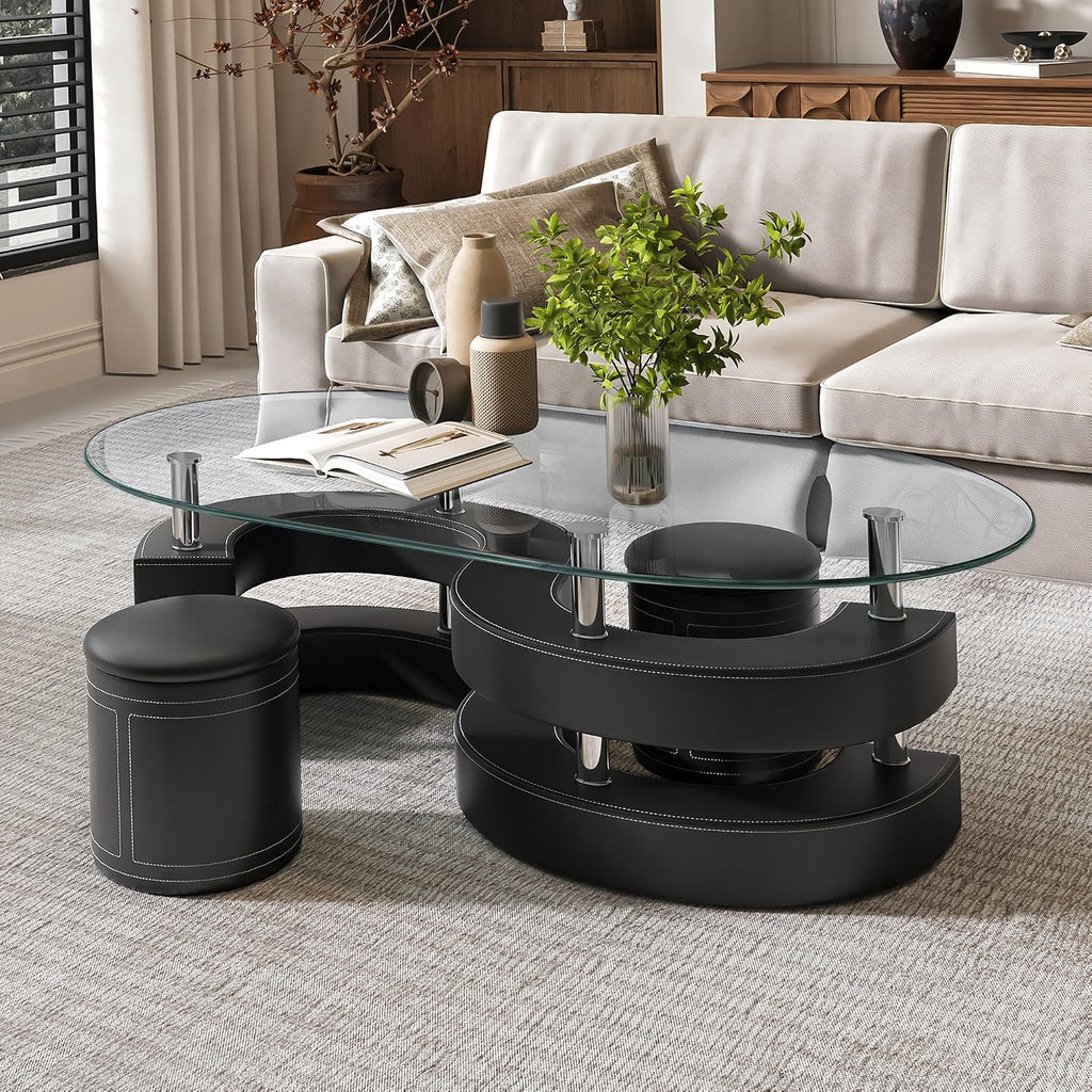 Glass Coffee Table Set with 2 Stools, 49' Oval Coffee Table and 2 Leather Stools, Modern Glass Center Table for Living Room, Home Office