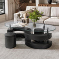 Glass Coffee Table Set with 2 Stools, 49' Oval Coffee Table and 2 Leather Stools, Modern Glass Center Table for Living Room, Home Office
