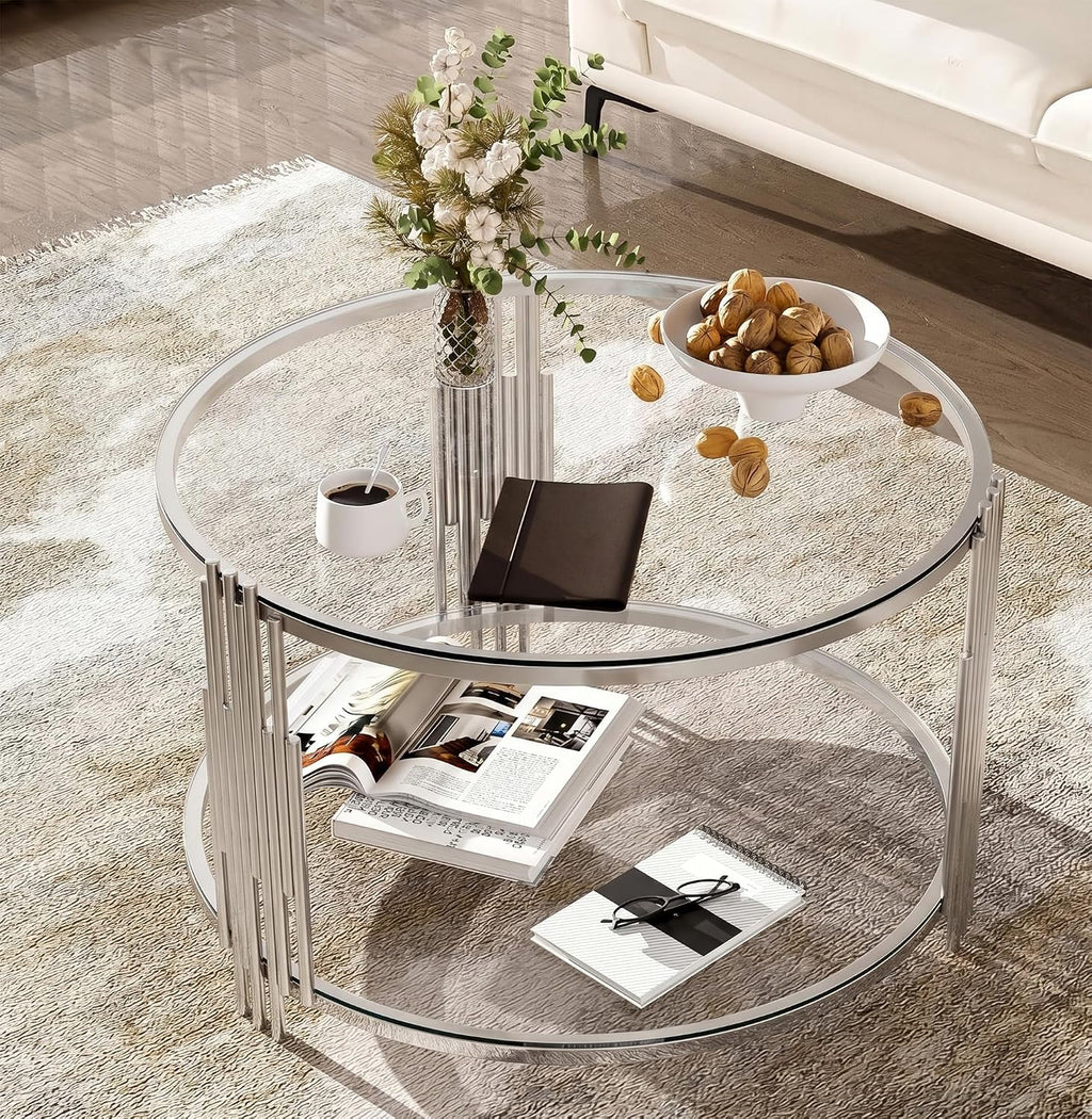 31.5' Round Glass Coffee Table 2-Tier Clear Storage Coffee Table with Silver Irregular Stainless Steel Leg, Modern Circle Glass Tea Center Tables for Living Room Home Apartment Office