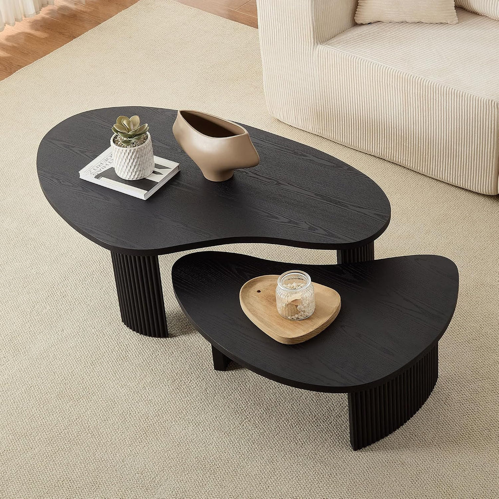 Nesting Coffee Table Set of 2, Modern Irregular Nesting Tables Wooden Center Circle Accent Tea End Side with Fluted Legs for Living Room, Apartment, Office 49.41' W Black