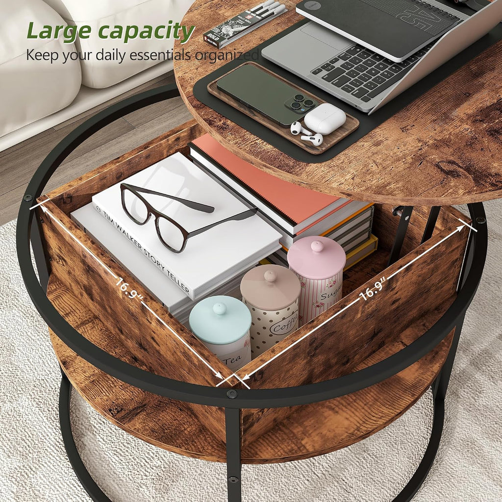 HOJINLINERO Round Lift Top Coffee Table,with Storage Hidden Compartment,Wood Farmhouse Coffee Table Decor,Center Table for Living Room