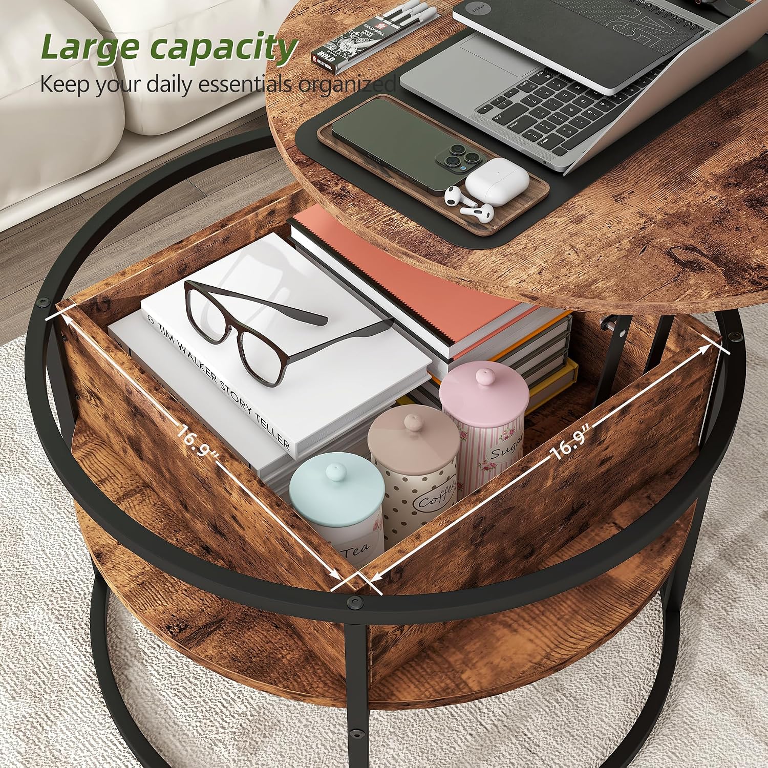 HOJINLINERO Round Lift Top Coffee Table,with Storage Hidden Compartment,Wood Farmhouse Coffee Table Decor,Center Table for Living Room