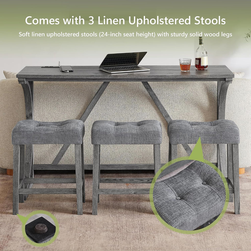 Merax 59 Inch Industrial Bar Table Set with Power Outlet, 3 Linen Upholstered Stools, Counter Height Table Set with 24 Inch Seat Height Stools for Kitchen, Living Room,Grey+Gray