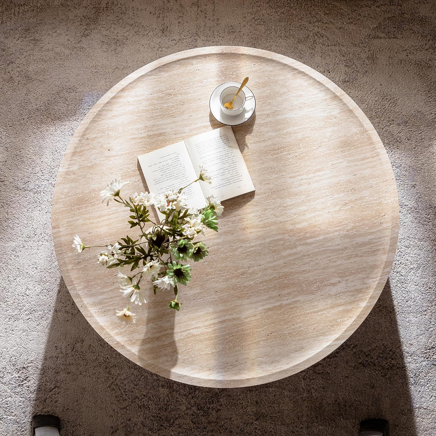 Faux Travertine Coffee Table for Living Room Modern Wood Drum Coffee Tables 39.37' Fully Assembled Round Center Table for Living Room Home Office