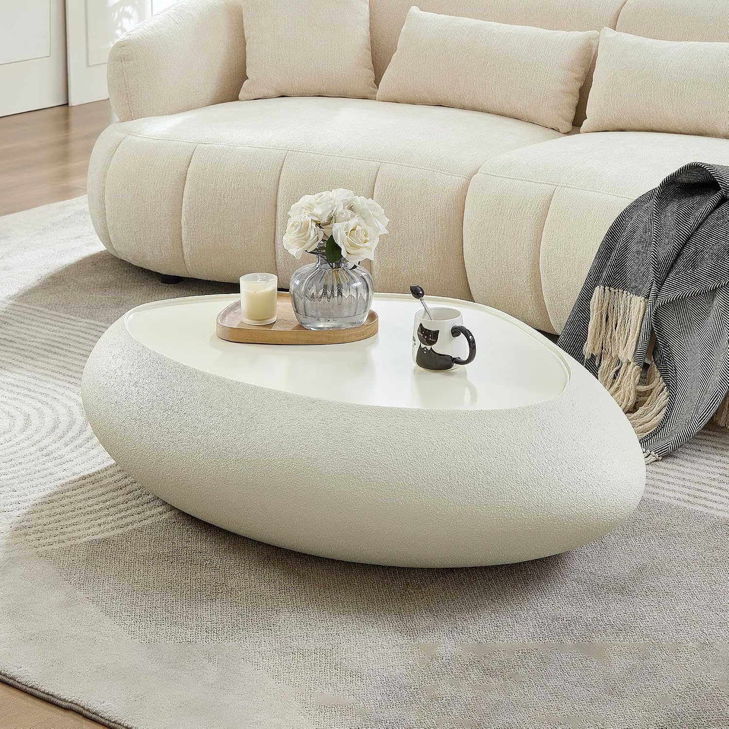 Faux Rock Coffee Table with Lightly Rought Rock Design,Irregular Drum Coffee Table Fiberglass Accent Stone-Like Central Table for Living Room,No Assembly