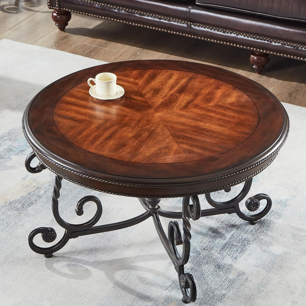 Retro Round Wood Coffee Table with Metal Leg, Circle Farmhouse Coffee Table for Living Room, Wooden Mid Century Center Tables, Easy Assembly (35' Dx35 Wx19 H)