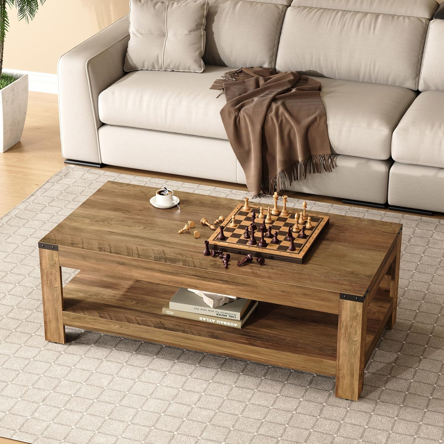 Farmhouse Coffee Table, 47.2' Modern Rustic Wooden Center Table with Storage, Rectangle Living Room Tables, 2-Tier Industrial Cocktail Tea Table for Living Room