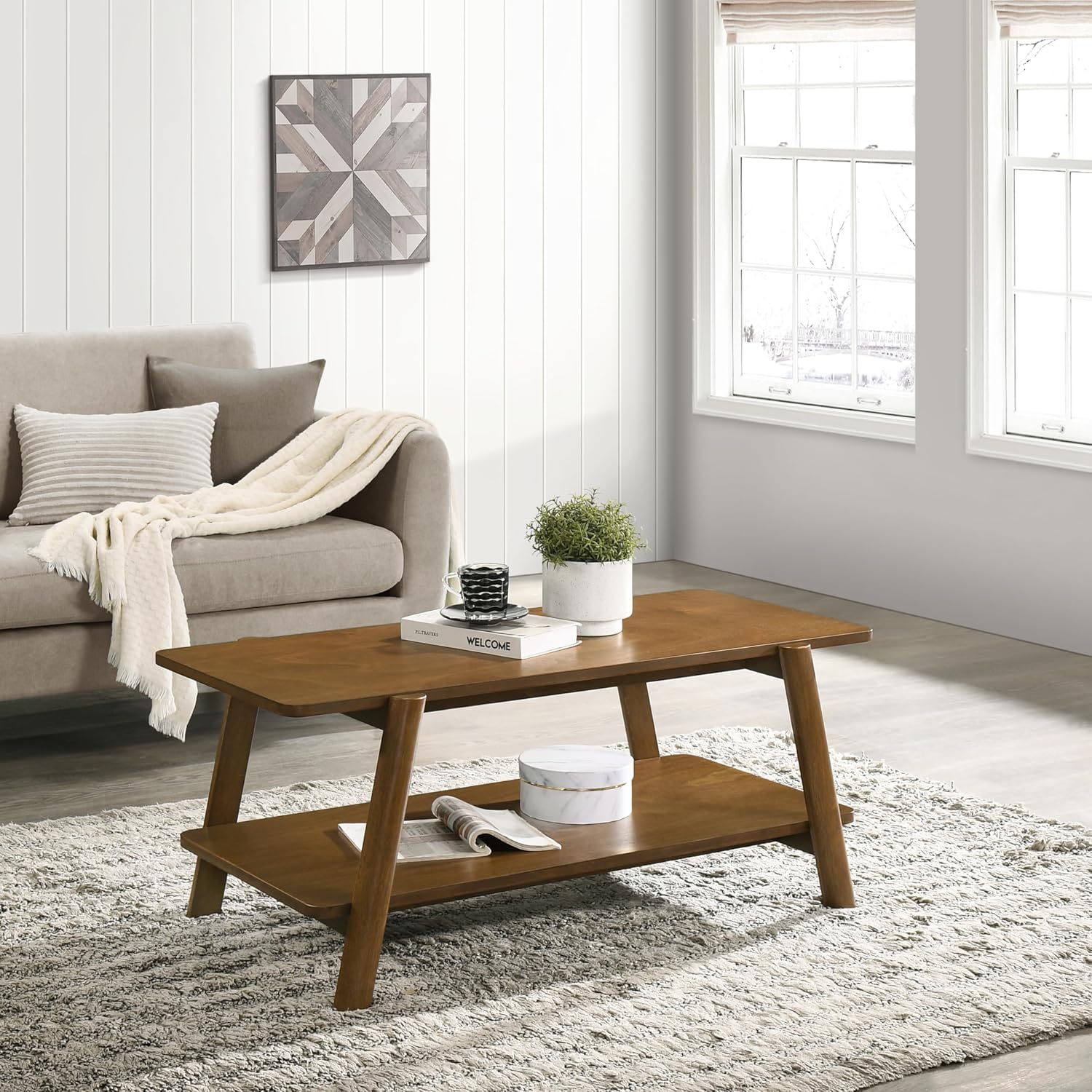 Roundhill Furniture Metz 3-Piece Coffee Table Set, Coffee Table and Two End Tables, Walnut Finish