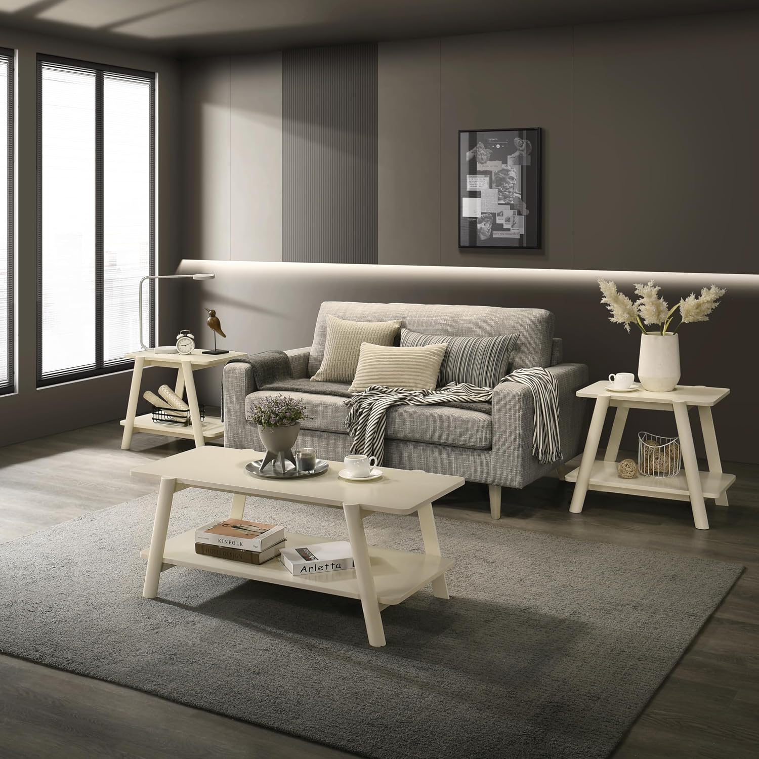 Roundhill Furniture Metz 3-Piece Coffee Table Set, Coffee Table and Two End Tables, Off-White Finish