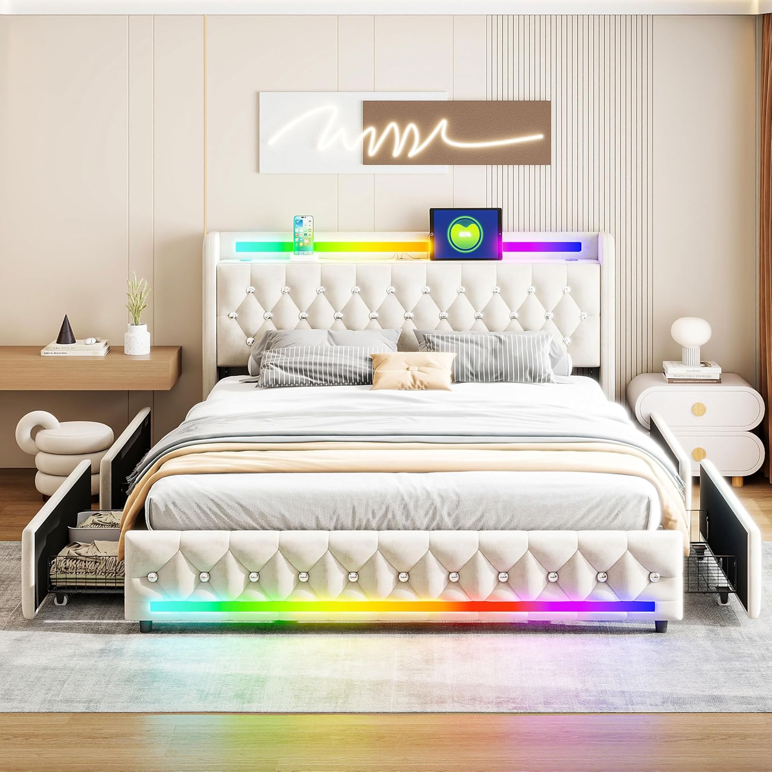 Music Player Bed with Bluetooth Speakers, Queen Size Smart Bed, Multi-Color LED Lighting,USB&Type C Charging Ports,4 Storage Drawers,Velvet Bed Frame with Headoard,Wooden Slats (Beige, Queen)