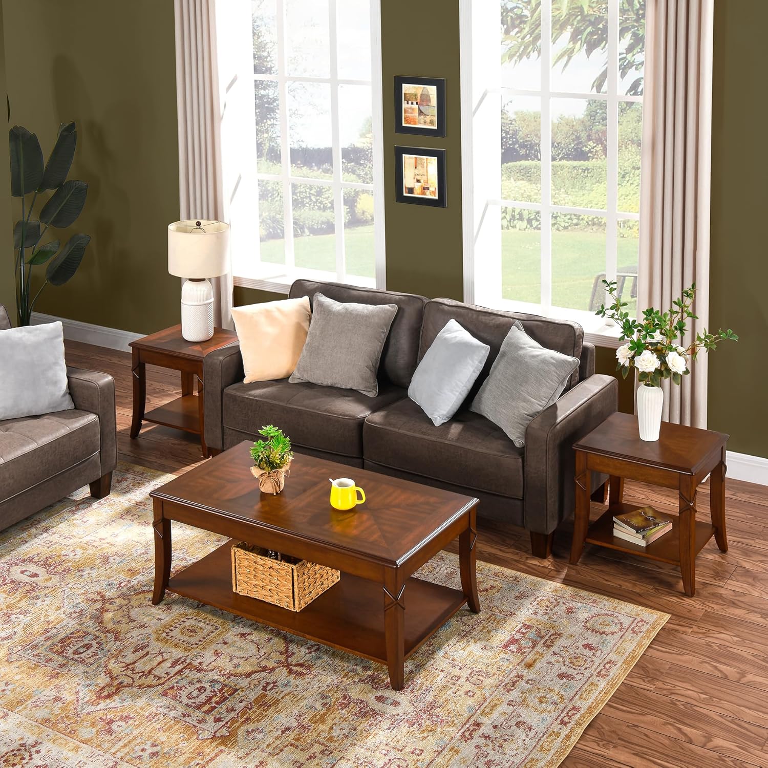 Mid-Century Modern Coffee Table Set of 3, 3-Piece Solid Wood Living Room Table Set, Coffee Table with 2 Square End Side Tables, Cherry Walnut Home Furniture for Apartment KFZ-DR200-3