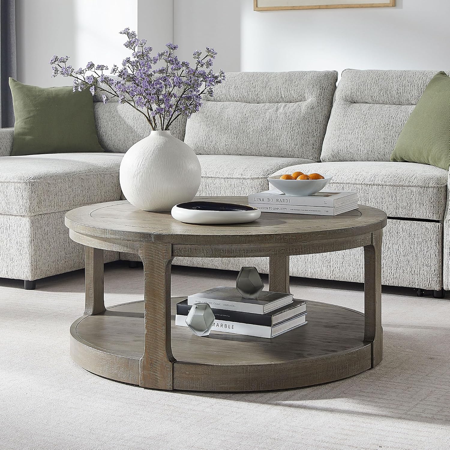 40'' Round Wood Coffee Table Circle Coffee Table with 4 Wheel for Living Room, Moveable Modern Retro Farmhouse Style, Easy Assembly, Light Brown (ø40'' x 17.52'')