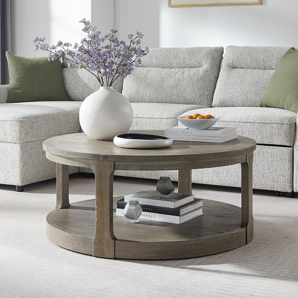 40' Round Coffee Table with Wheels, 2 Tier Wood Center Coffee Tables, Retro Farmhouse Circle End Table with Storage Shelf for Living Room Apartment Office (Light Brown)