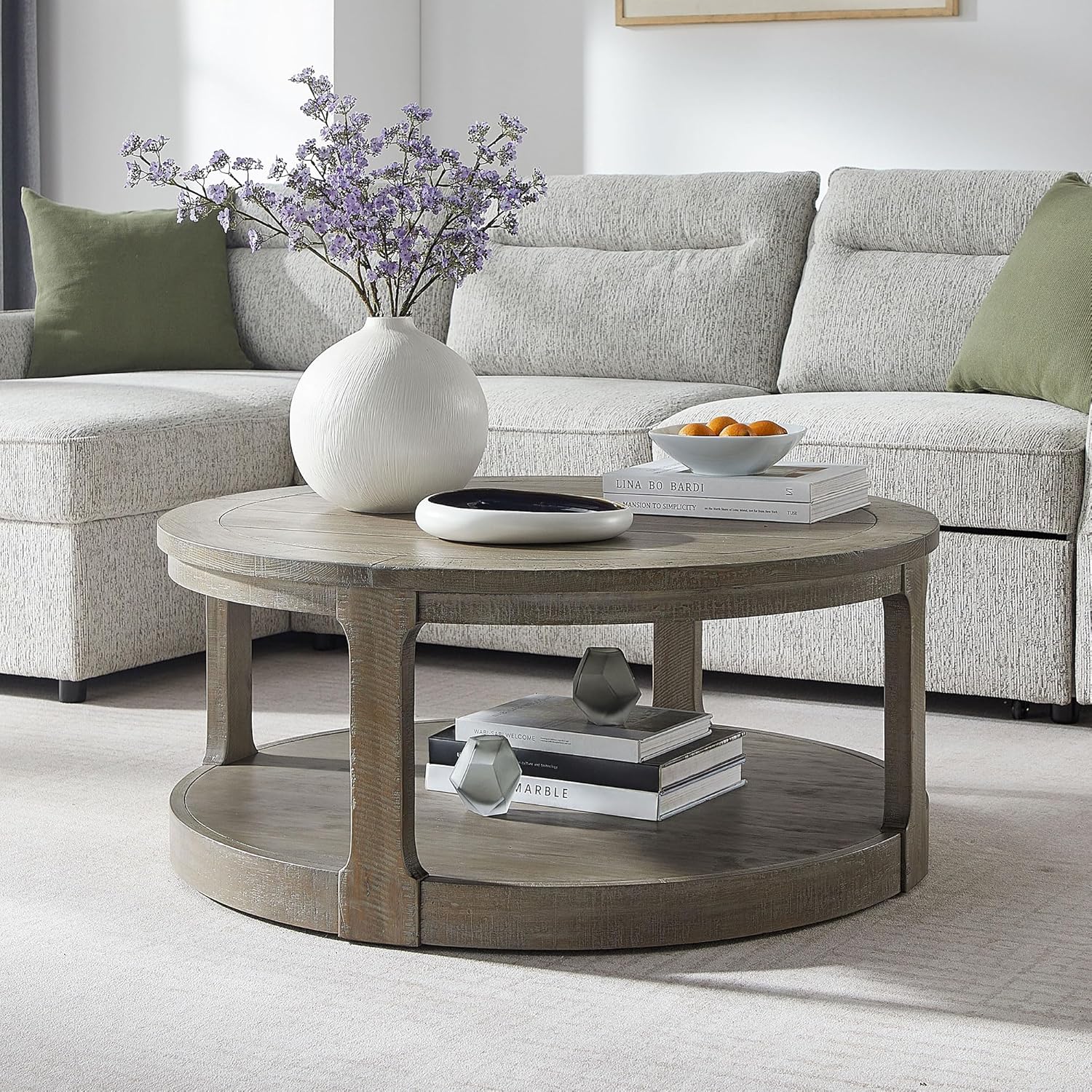 40' Round Coffee Table with Wheels, 2 Tier Wood Center Coffee Tables, Retro Farmhouse Circle End Table with Storage Shelf for Living Room Apartment Office (Light Brown)