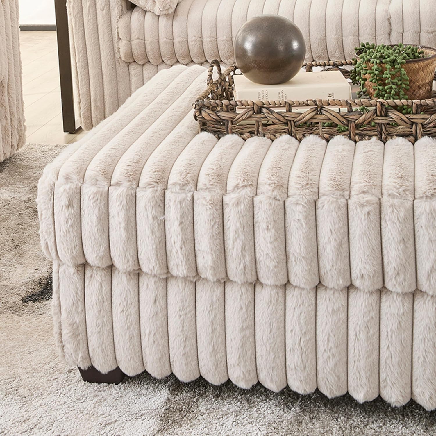 Roundhill Furniture Belvoir 3-Piece Living Room Set, Sofa Cuddle Chaise and Ottoman, Beige Champagne
