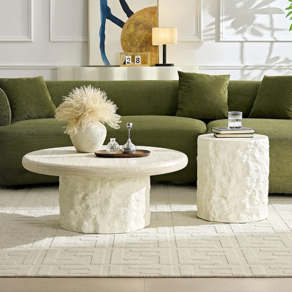 Round Coffee Table for Living Room Modern Faux Marble Center Circle Side Drum Accent Farmhouse Coffee Tables Mid Century for Apartment Bedroom Office Balcony (35.04' x 14.96') Beige