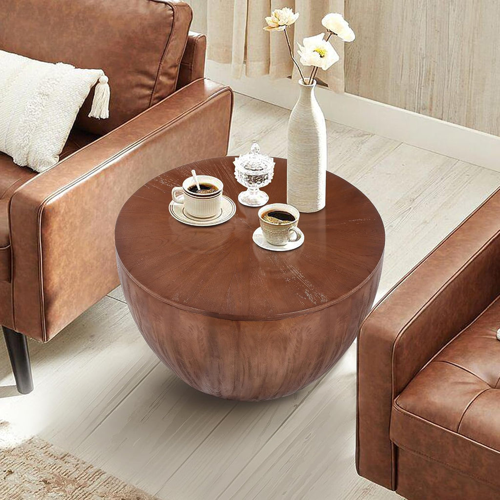 31.50' Vintage Style Bucket Shaped Coffee Table, Drum Coffee Table for Office, Dining Room and Living Room, Brown