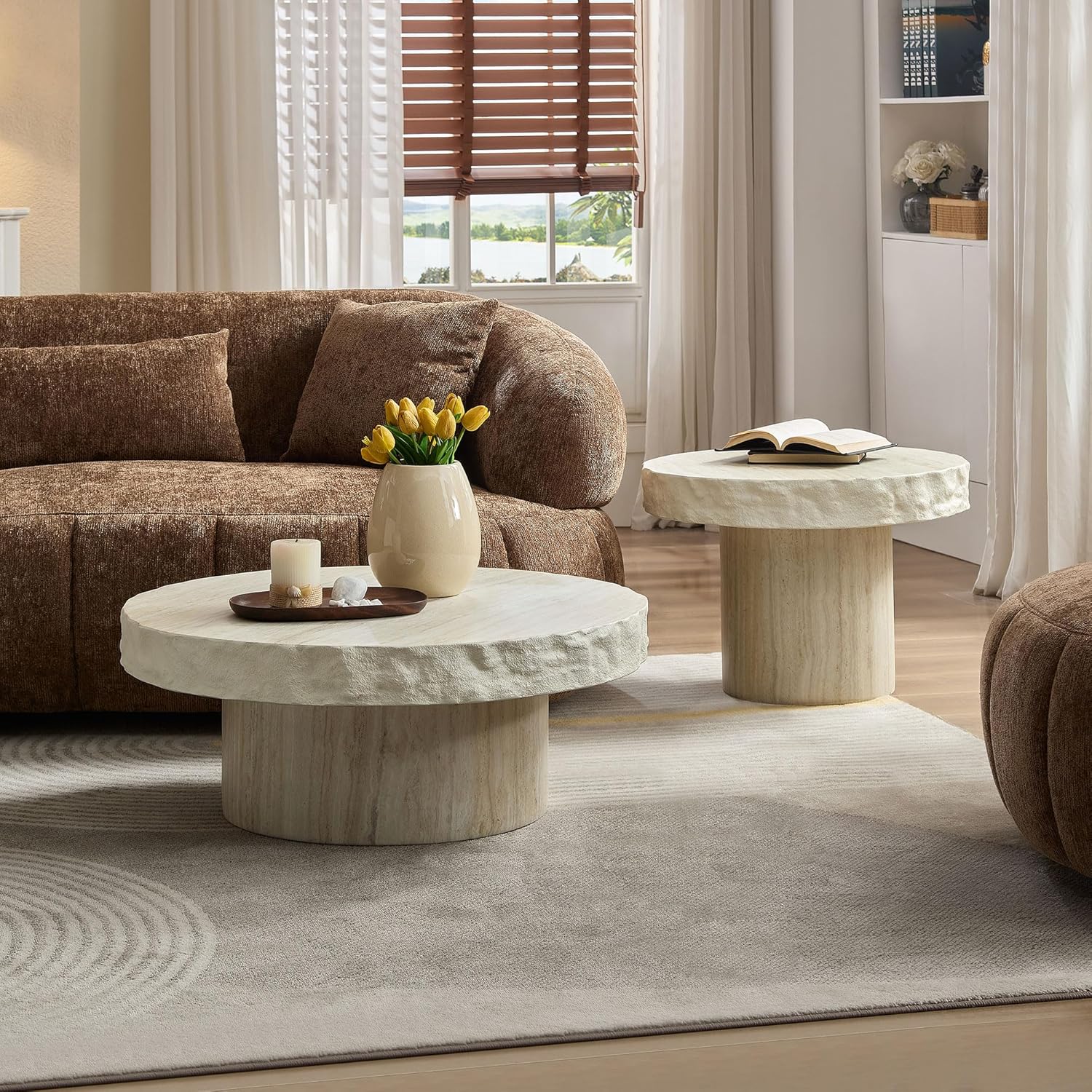 Round Coffee Table for Living Room Small Modern Faux Marble Center Circle Side Drum Accent Farmhouse Coffee Tables Mid Century for Apartment Bedroom Office Balcony (31.7' x 13') Beige