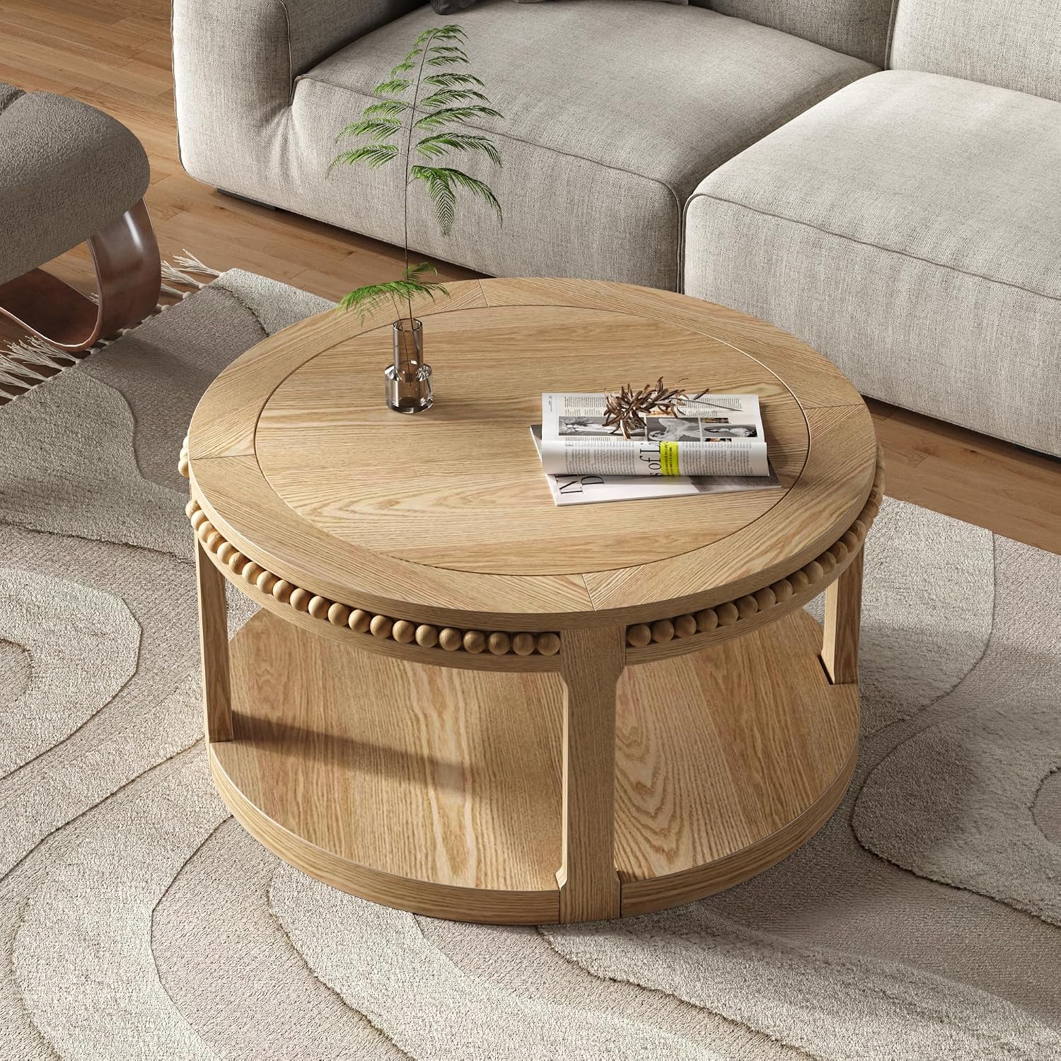 31.5'' Round Coffee Table, 2-Tier Modern Rustic Wood Circle Coffee Table for Living Room, Easy Assembly, Natural