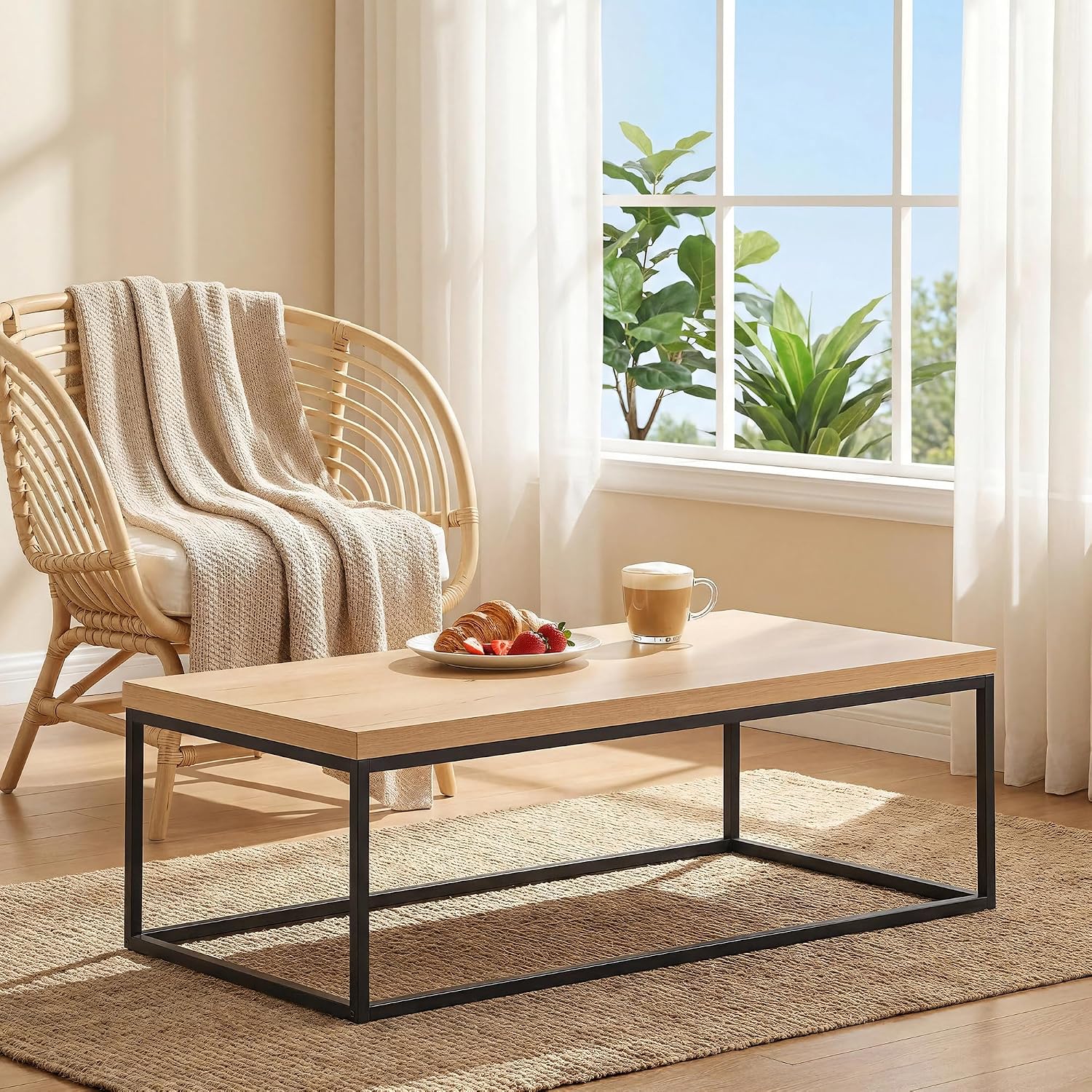 CENSI 47 Inch Oak Coffee Table for Living Room, Modern Industrial Center Table with Extra Thick 40mm Wood Top, Natural White Oak Finish, Rectangle Cocktail Table