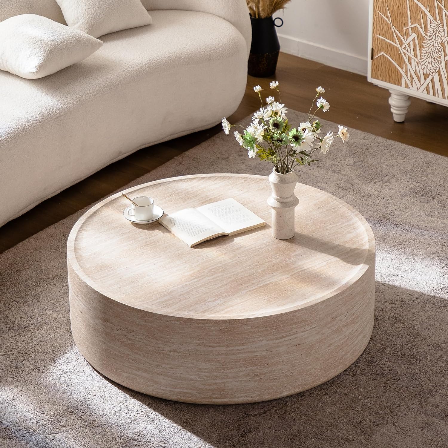 Faux Travertine Coffee Table for Living Room Modern Wood Drum Coffee Tables 39.37' Fully Assembled Round Center Table for Living Room Home Office
