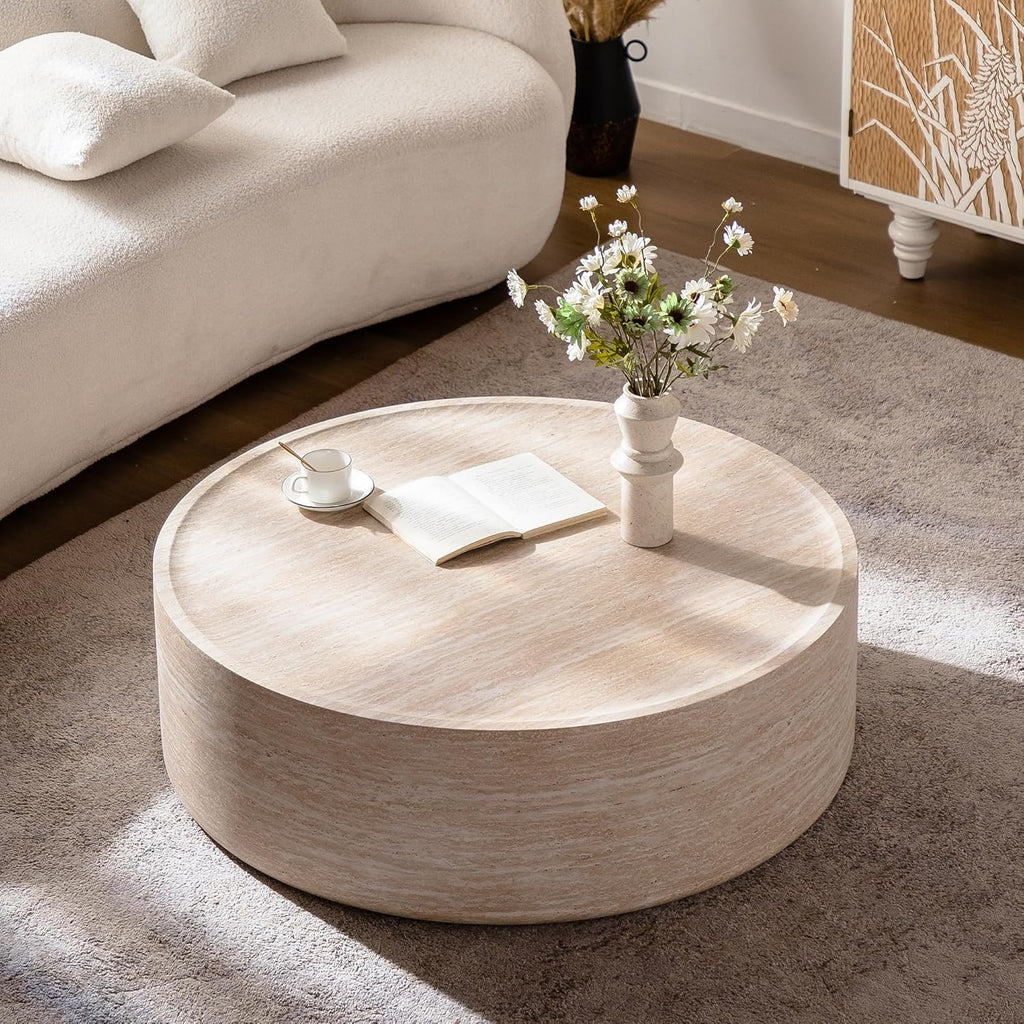 39.4' Faux Mars Round Coffee Table, Modern Travertine Coffee Tables for Living Room, Faux Marble Circle Low Center Tea Table with Rounded Corners for Apartment Bedroom Office, No Need Assembly