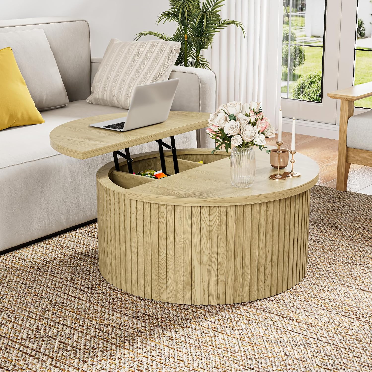Fsbecl Round Lift Top Coffee Table with Storage, 31.6'' Modern Coffee Tables for Living Room, Fluted Wood Center Table for Office, Small Space (Wood Color)