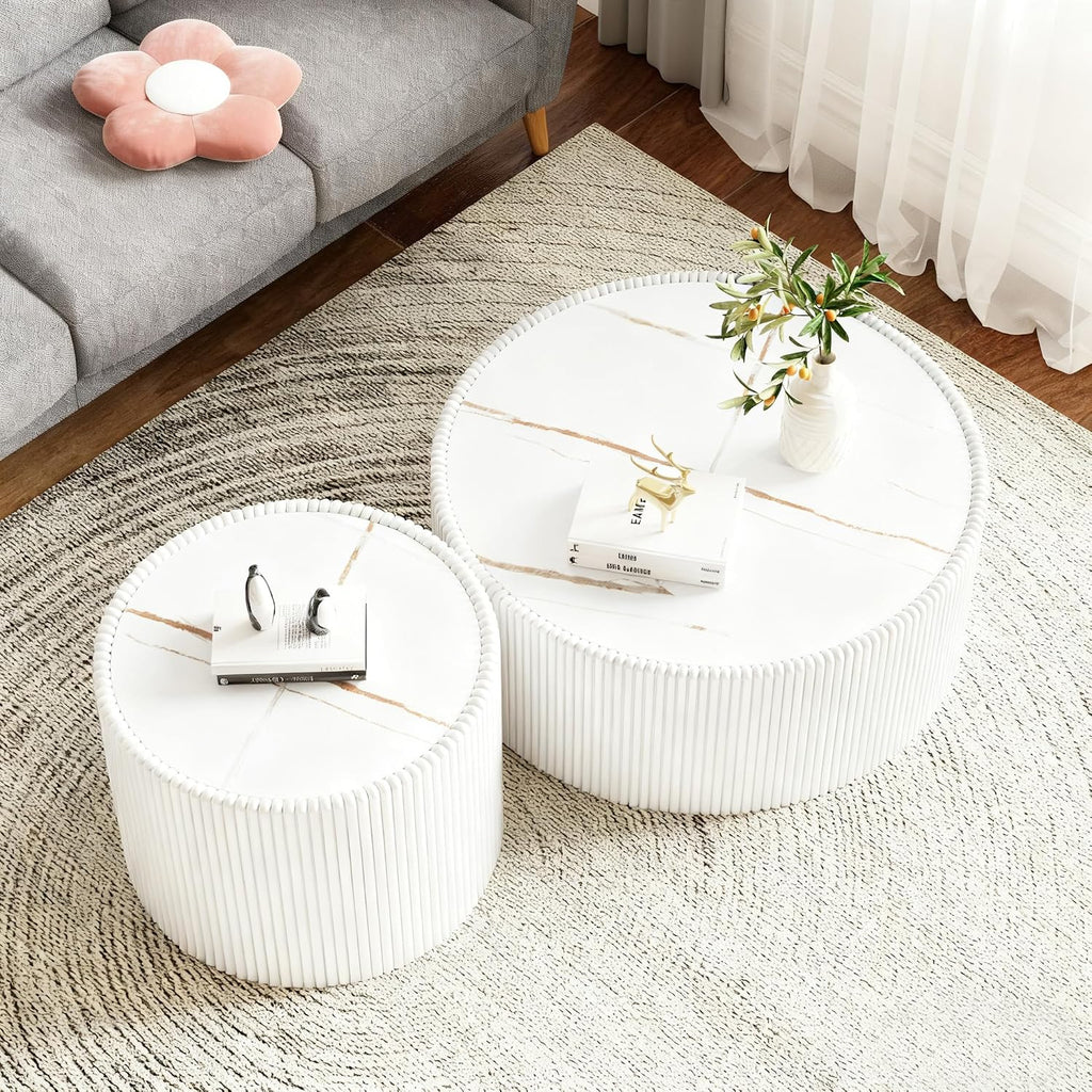 Modern Round Coffee Table Set of 2 Luxury Sintered Stone Top Coffee End Table in White Leatherette Drum-Shape Small Coffee Side End Tables for Living Room,Fully Assembled