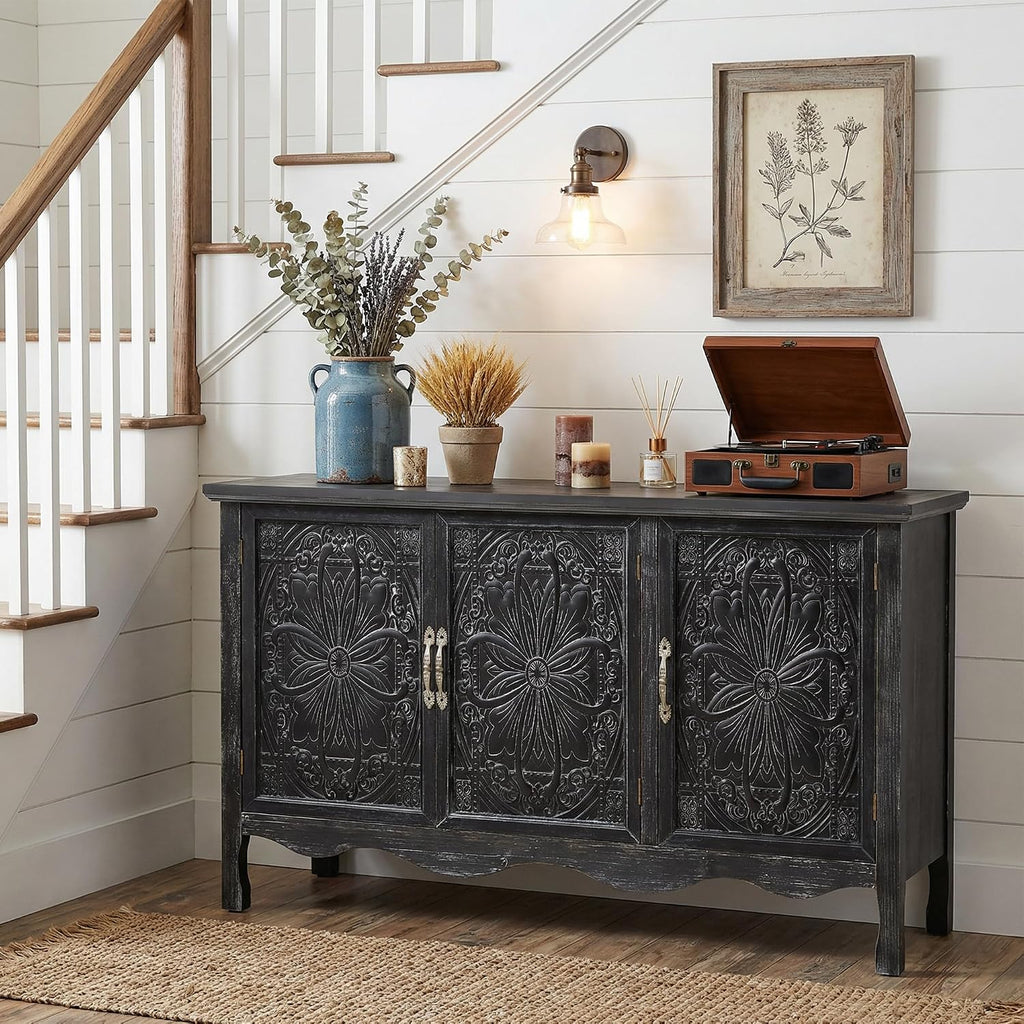 RoyalCraft Buffet Cabinet with Storage, Vintage Solid Wood Sideboard Table Coffee Bar Wine Bar Storage Cabinet with 3 Doors for Dining Room, Living Room, Hallway, Distressed Black
