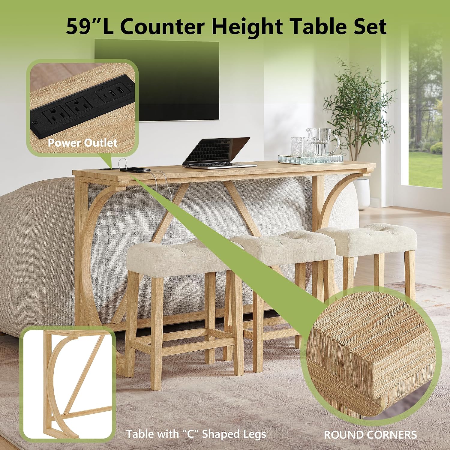 Merax 59 Inch Industrial Bar Table Set with Power Outlet, 3 Linen Upholstered Stools, Counter Height Table Set with 24 Inch Seat Height Stools for Kitchen, Living Room,Light Oak+Beige