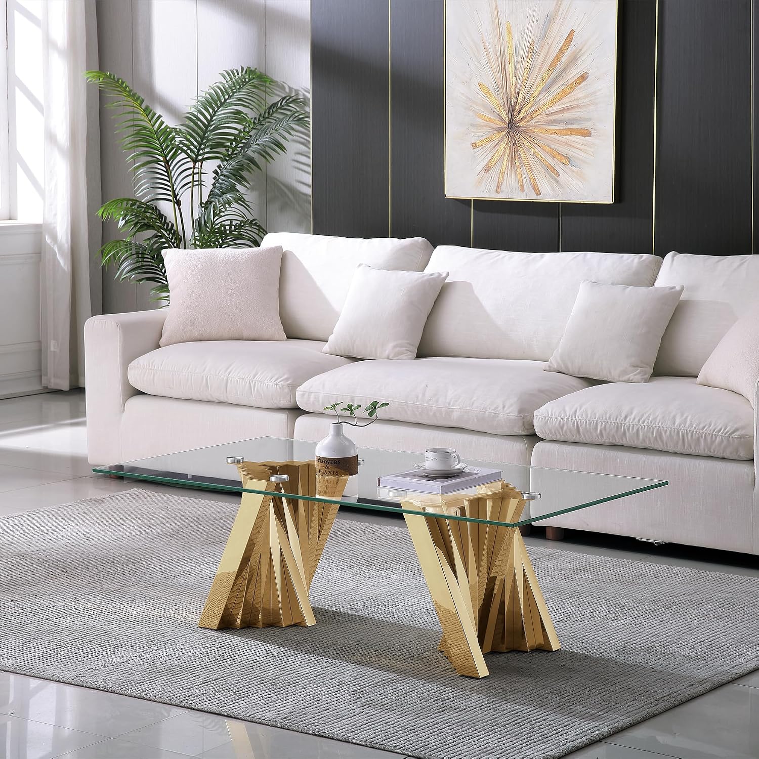 2 Pieces Modern Living Room Table Set, Glass Coffee Table & Console Table with Flash-Shaped Stainless Steel Base (Gold)