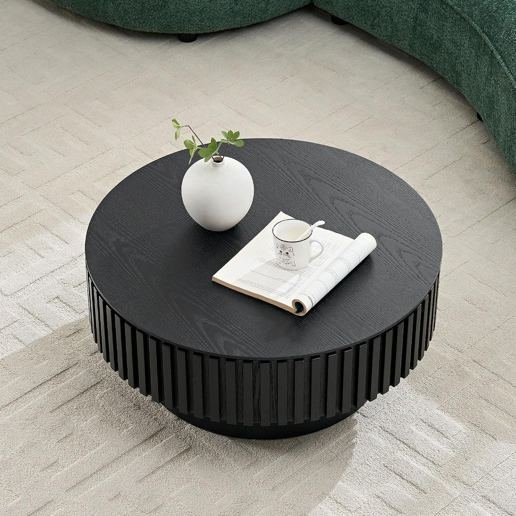 WILLIAMSPACE 31.49' Round Coffee Table with Storage for Living Room, Modern Circle Center Table with Solid Wood Veneered & Sturdy Pedestal, Accent End Tea Table for Apartment - Black