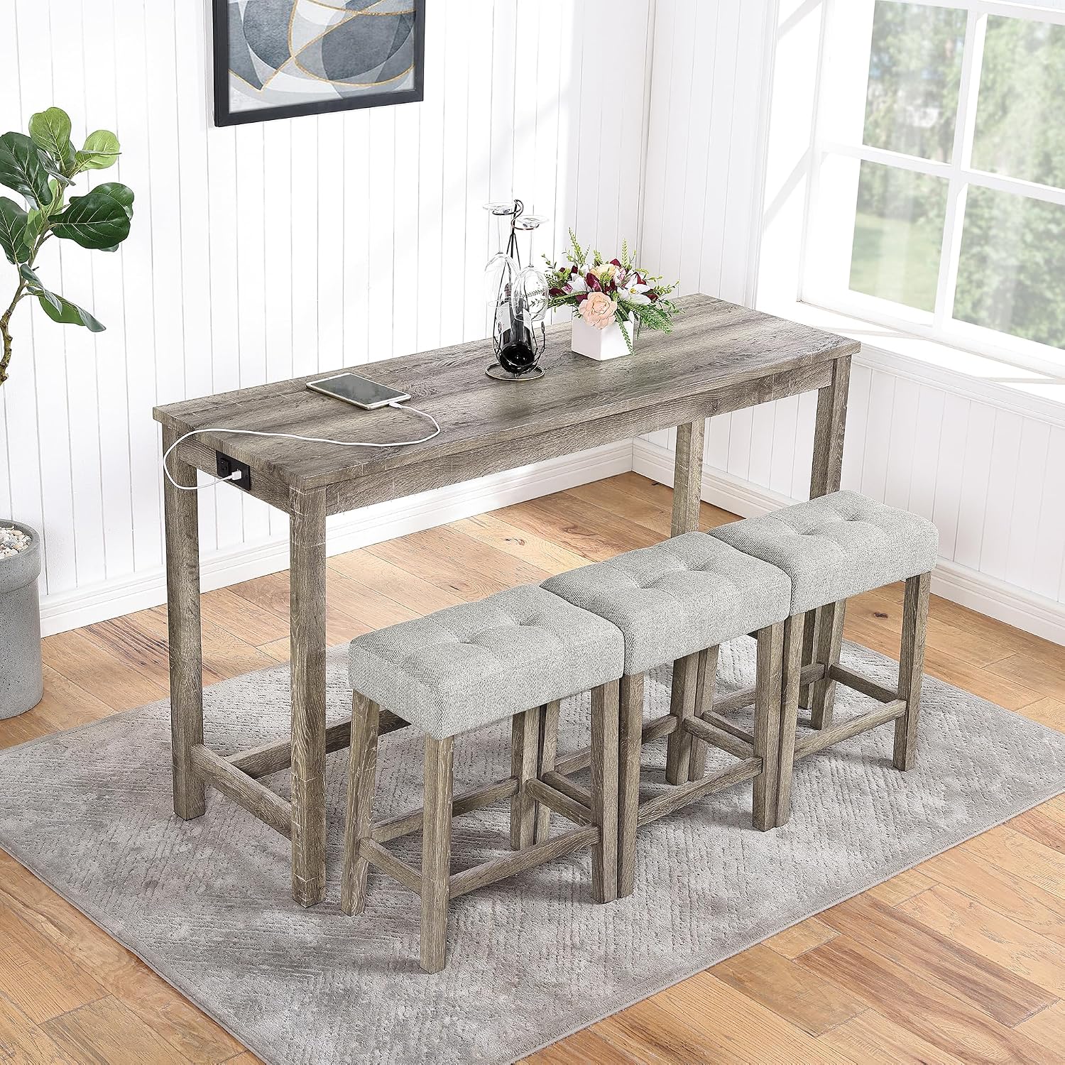 Merax 4 Piece Bar Table Set with Power Outlet,Dining Bar Table and Chairs Set,Industrial Breakfast Table with 3 Padded Stools,for Living Room, Dining Room, Game Room(Brown)