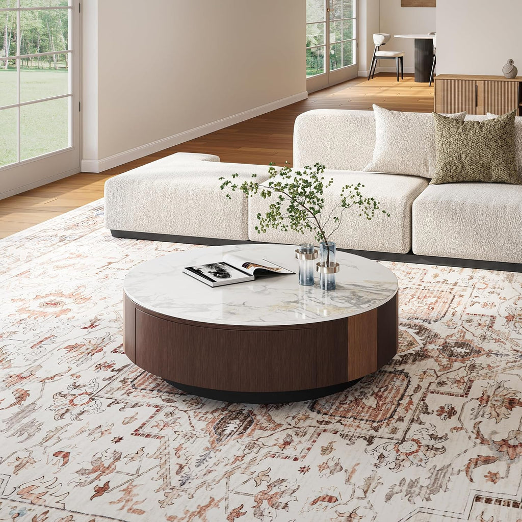 35.43' Modern Coffee Table for Living Room, Round Coffee Table with Storage Drawer, Sintered Stone Top with Metal Base, NO Assembly Living Room Table Tea Table for Home Office