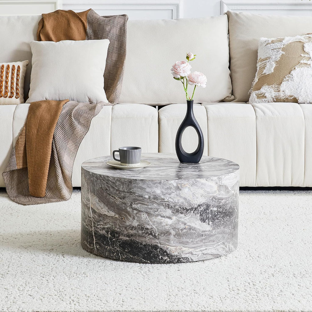 23.6' Grey Marble Small Coffee Table for Living Room Round Faux Marble Center Table Modern Drum-Shape Wooden Cocktail Table for Home Office - Fully Assembled